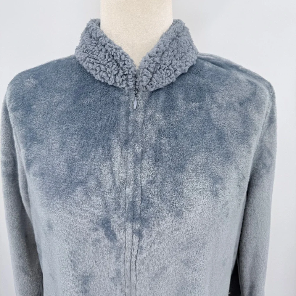 Natori Slate Blue Plush Faux Fur Half Zip Long Robe Sherpa Trim Size M Cozy Warm